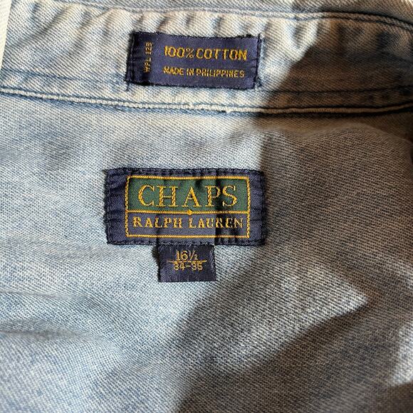 Chaps Ralph Lauren Dress Shirt Mens Size 16.5 34/35 Blue Denim Button Down FLAW - Picture 14 of 16